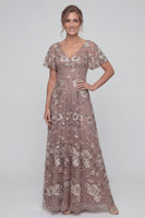 Load image into Gallery viewer, V-Neck Dusty Rose Long A Line Floral Mother of the Bride Dress
