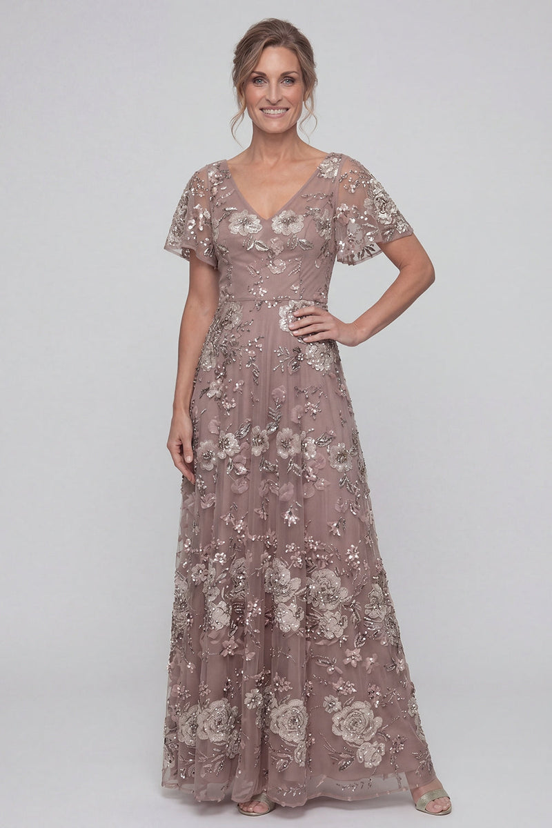 Load image into Gallery viewer, V-Neck Dusty Rose Long A Line Floral Mother of the Bride Dress