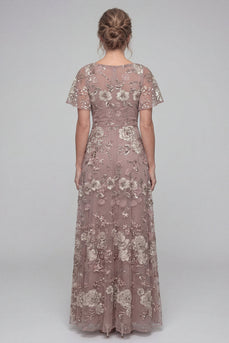 V-Neck Dusty Rose Long A Line Floral Mother of the Bride Dress