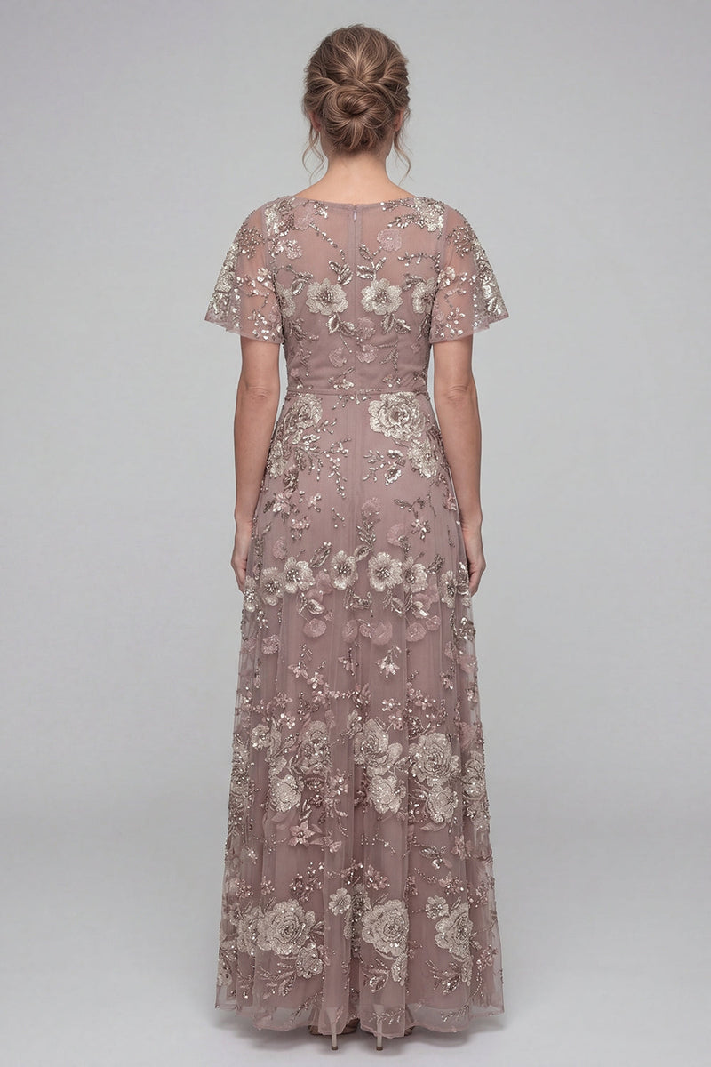 Load image into Gallery viewer, V-Neck Dusty Rose Long A Line Floral Mother of the Bride Dress