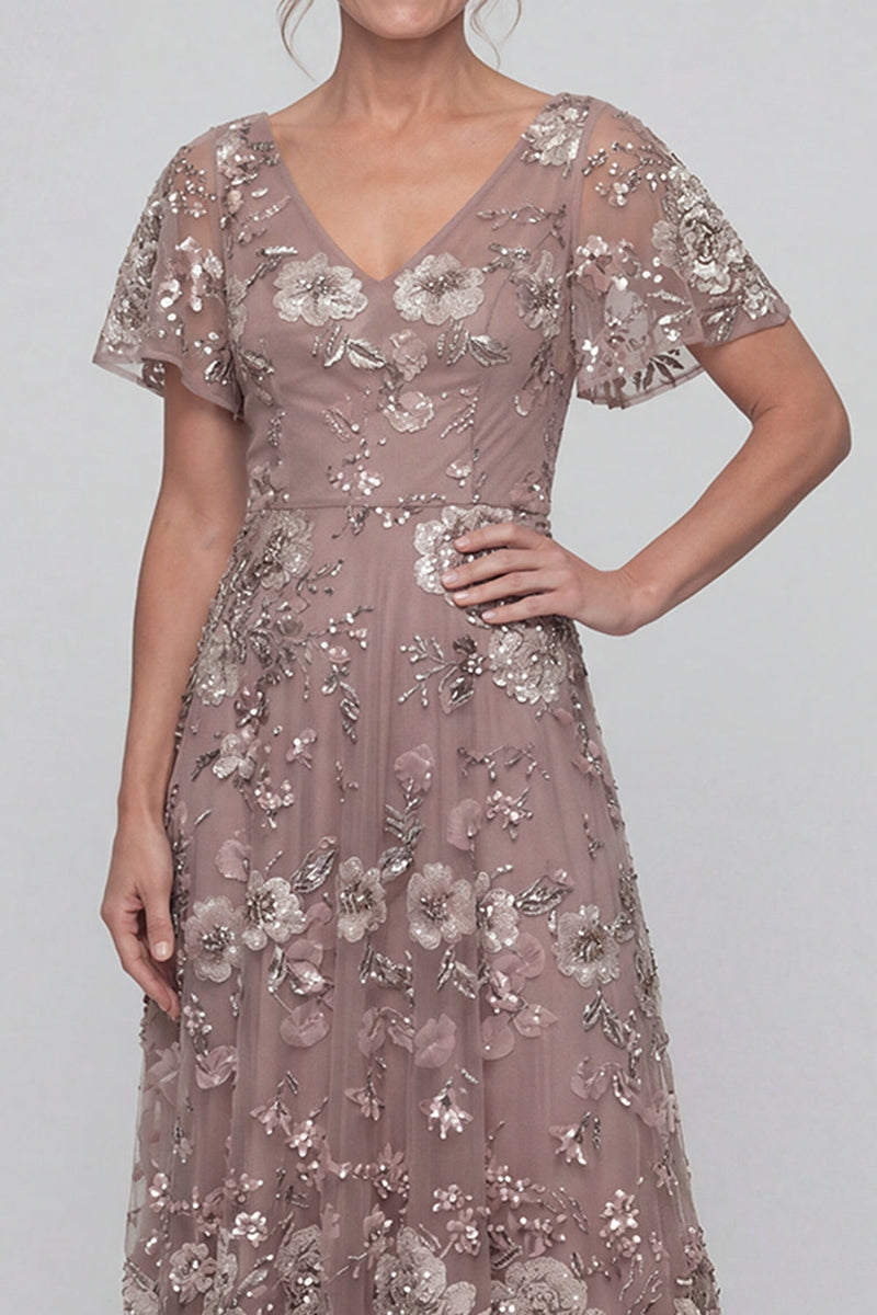 Load image into Gallery viewer, V-Neck Dusty Rose Long A Line Floral Mother of the Bride Dress