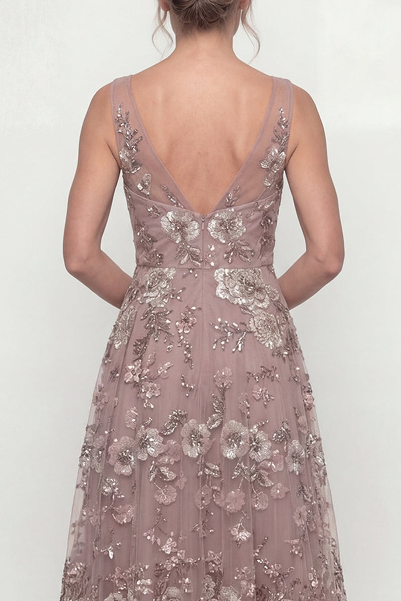 Load image into Gallery viewer, Dusty Rose A Line Long Floral Mother of the Bride Dress with Beading