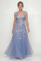 Load image into Gallery viewer, Dusty Blue A Line V-Neck Long Floral Mother of the Bride Dress