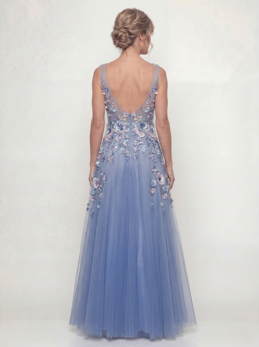 Load image into Gallery viewer, Dusty Blue A Line V-Neck Long Floral Mother of the Bride Dress