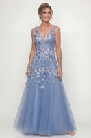Load image into Gallery viewer, Dusty Blue A Line V-Neck Long Floral Mother of the Bride Dress