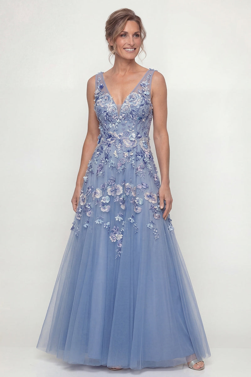 Load image into Gallery viewer, Dusty Blue A Line V-Neck Long Floral Mother of the Bride Dress