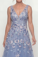 Load image into Gallery viewer, Dusty Blue A Line V-Neck Long Floral Mother of the Bride Dress