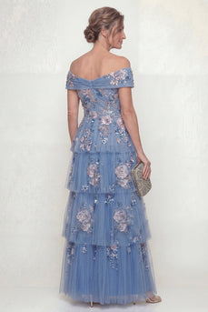 Dusty Blue A Line Floral Long Mother of the Bride Dress with Ruffles