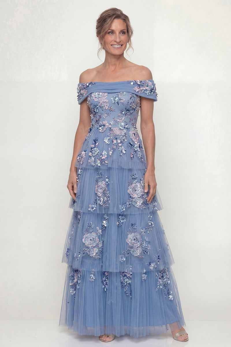 Load image into Gallery viewer, Dusty Blue A Line Floral Long Mother of the Bride Dress with Ruffles