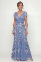 Load image into Gallery viewer, Dusty Blue Floral Long Ruched A Line Mother of the Bride Dress
