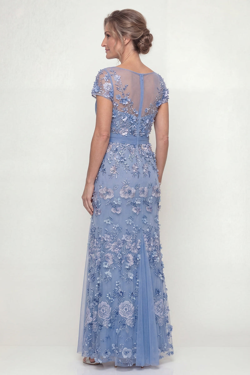 Load image into Gallery viewer, Dusty Blue Floral Long Ruched A Line Mother of the Bride Dress