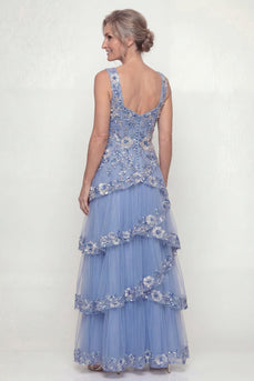 Dusty Blue Floral A Line Long Mother of the Bride Dress with Ruffles