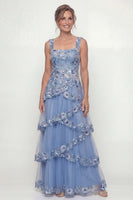 Load image into Gallery viewer, Dusty Blue Floral A Line Long Mother of the Bride Dress with Ruffles