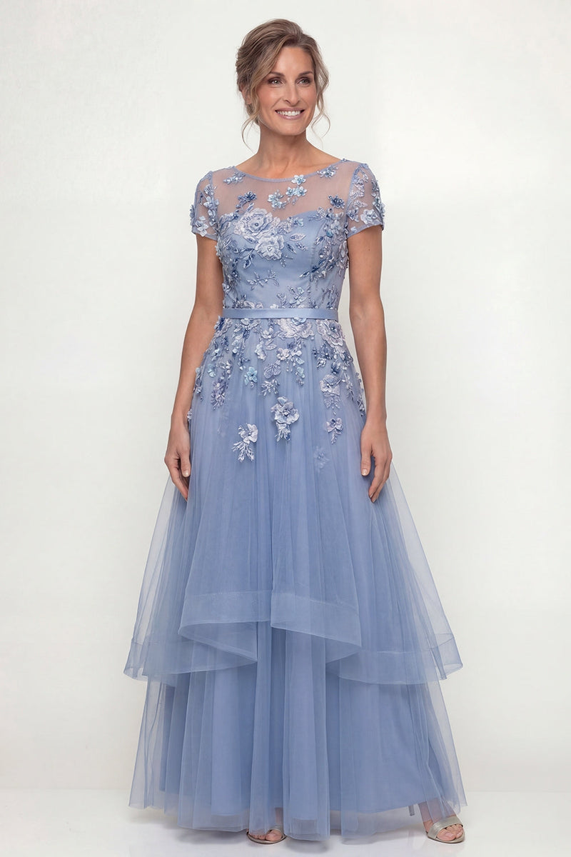 Load image into Gallery viewer, Dusty Blue Long Floral A Line Mother of the Bride Dress with Ruffles
