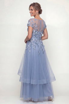 Dusty Blue Long Floral A Line Mother of the Bride Dress with Ruffles
