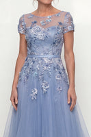 Load image into Gallery viewer, Dusty Blue Long Floral A Line Mother of the Bride Dress with Ruffles