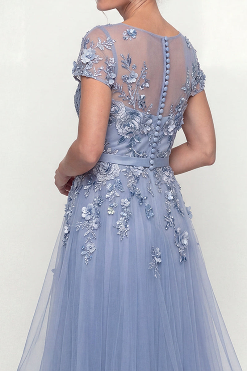 Load image into Gallery viewer, Dusty Blue Long Floral A Line Mother of the Bride Dress with Ruffles