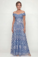 Load image into Gallery viewer, Floral Dusty Blue A Line Long Mother of the Bride Dress