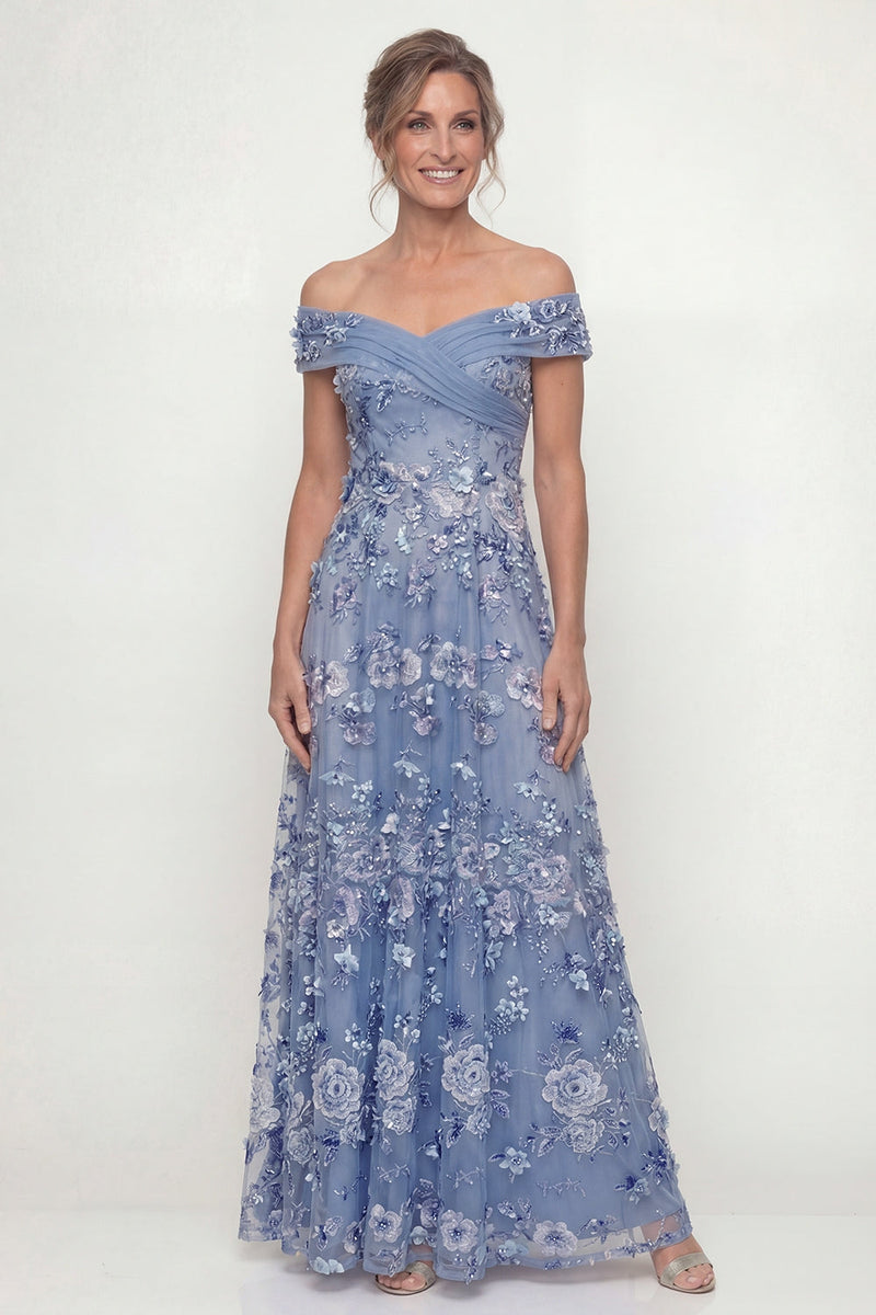 Load image into Gallery viewer, Floral Dusty Blue A Line Long Mother of the Bride Dress