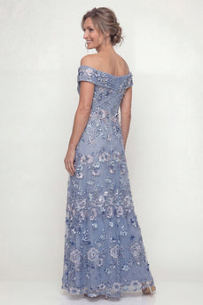 Floral Dusty Blue A Line Long Mother of the Bride Dress