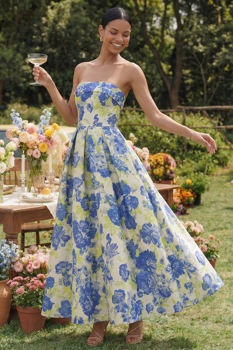 Load image into Gallery viewer, Blue Daffodil Floral A Line Maxi Strapless Formal Dress