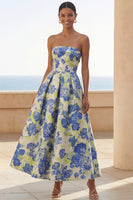 Load image into Gallery viewer, Blue Daffodil Floral A Line Maxi Strapless Formal Dress