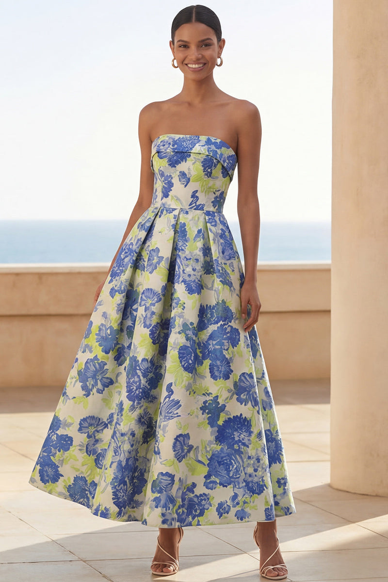 Load image into Gallery viewer, Blue Daffodil Floral A Line Maxi Strapless Formal Dress