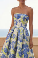 Load image into Gallery viewer, Blue Daffodil Floral A Line Maxi Strapless Formal Dress