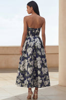 Load image into Gallery viewer, Blue Daffodil Floral A Line Maxi Strapless Formal Dress