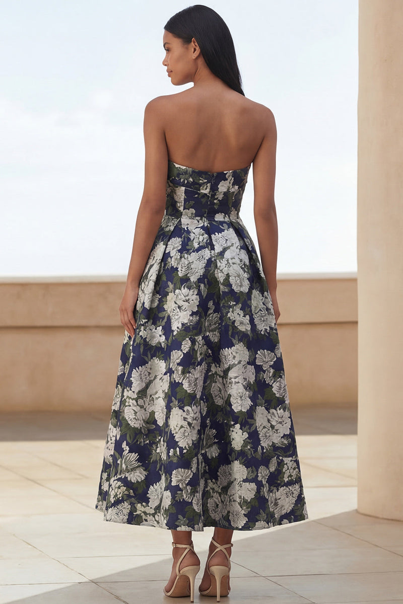 Load image into Gallery viewer, Blue Daffodil Floral A Line Maxi Strapless Formal Dress