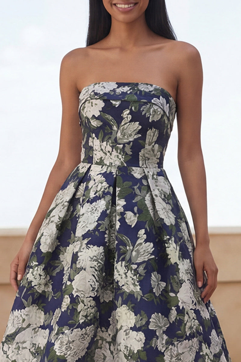 Load image into Gallery viewer, Blue Daffodil Floral A Line Maxi Strapless Formal Dress