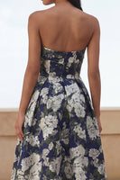 Load image into Gallery viewer, Blue Daffodil Floral A Line Maxi Strapless Formal Dress