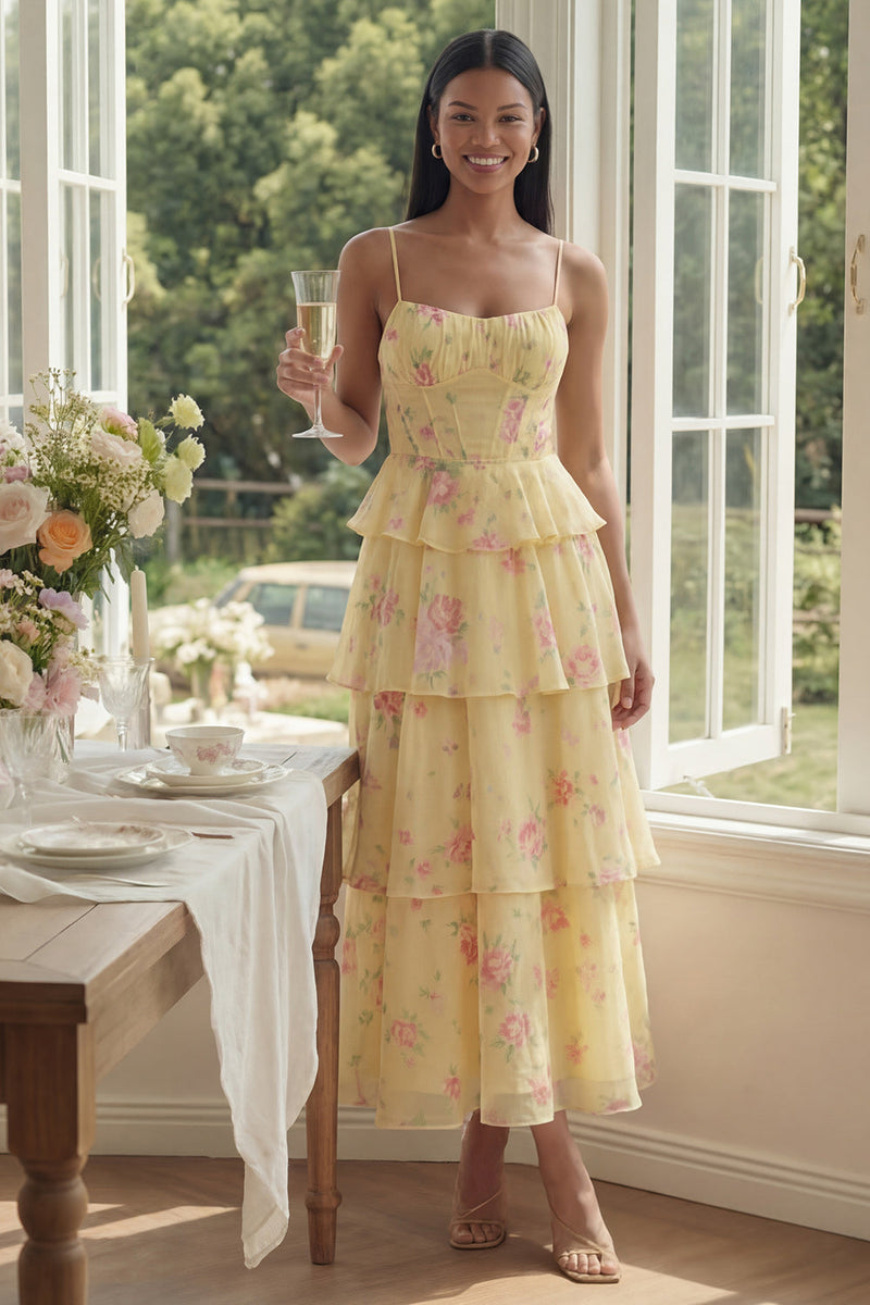 Load image into Gallery viewer, Yellow A Line Floral Long Corset Formal Dress with Ruffles