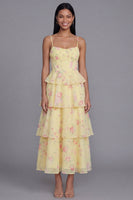 Load image into Gallery viewer, Yellow A Line Floral Long Corset Formal Dress with Ruffles