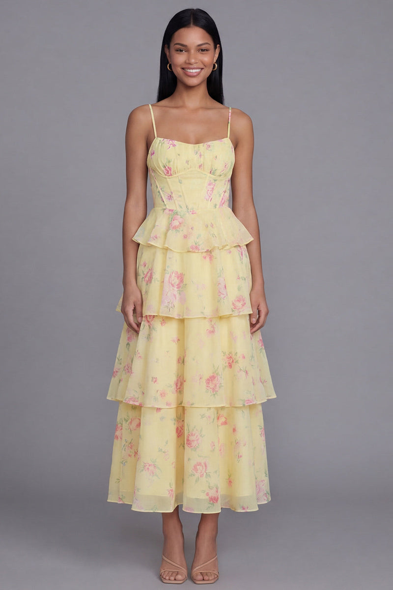 Load image into Gallery viewer, Yellow A Line Floral Long Corset Formal Dress with Ruffles