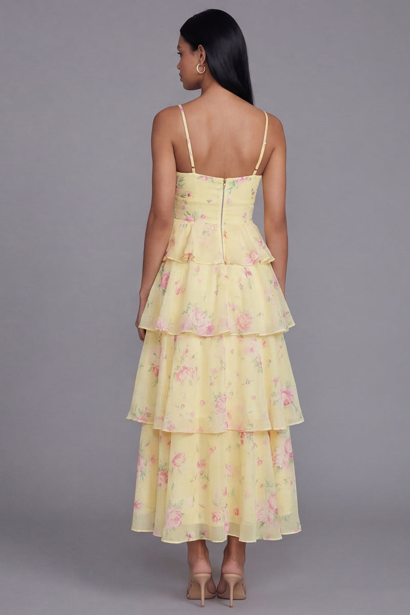 Load image into Gallery viewer, Yellow A Line Floral Long Corset Formal Dress with Ruffles