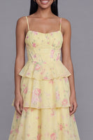 Load image into Gallery viewer, Yellow A Line Floral Long Corset Formal Dress with Ruffles