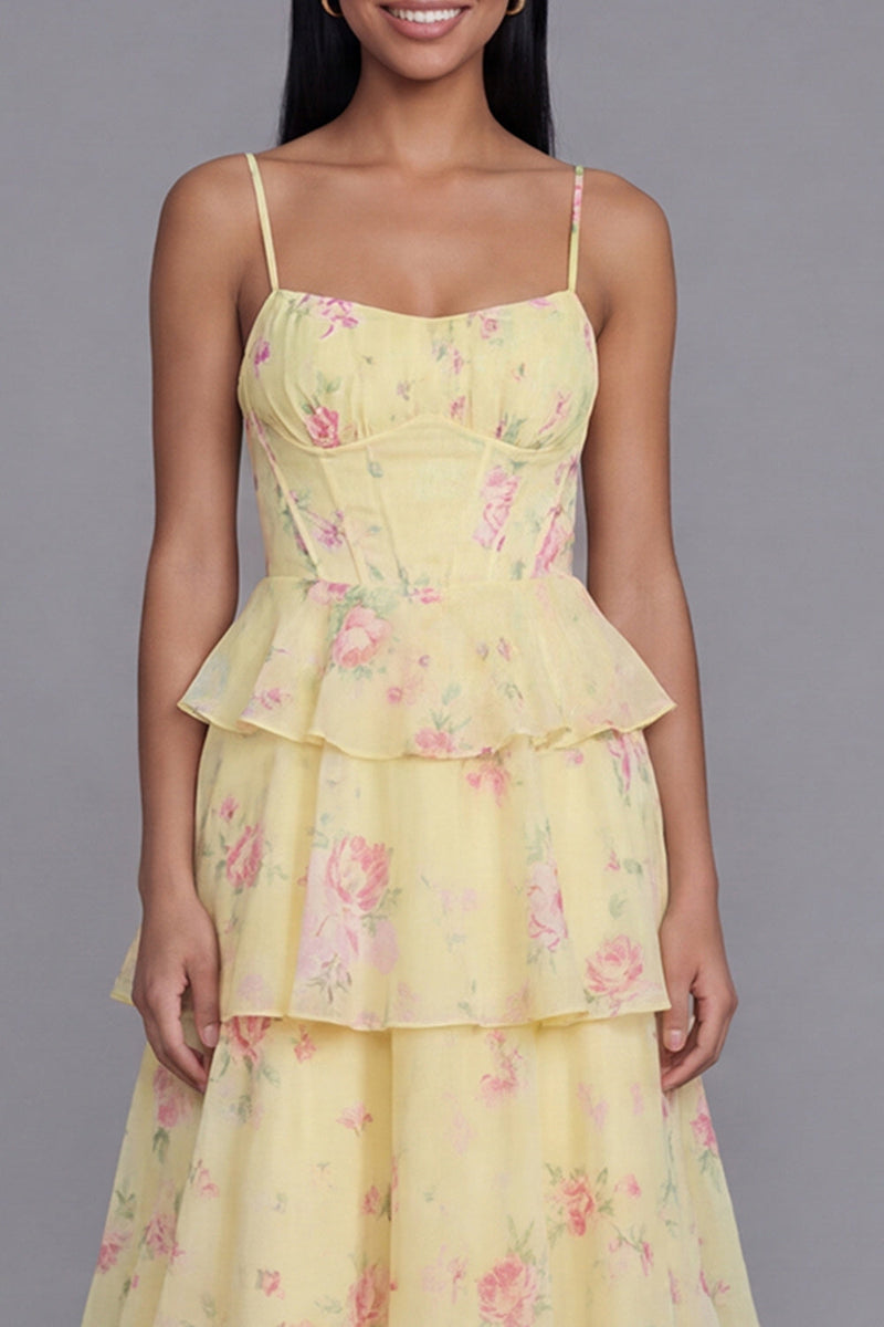 Load image into Gallery viewer, Yellow A Line Floral Long Corset Formal Dress with Ruffles