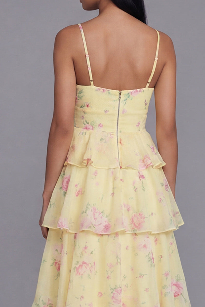 Load image into Gallery viewer, Yellow A Line Floral Long Corset Formal Dress with Ruffles