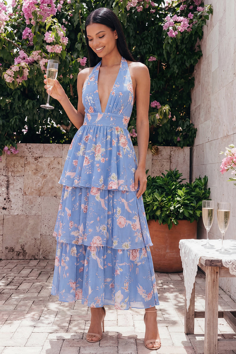 Load image into Gallery viewer, Blue Ruffled Halter Floral A Line Maxi Formal Dress with Bow