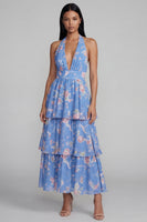 Load image into Gallery viewer, Blue Ruffled Halter Floral A Line Maxi Formal Dress with Bow