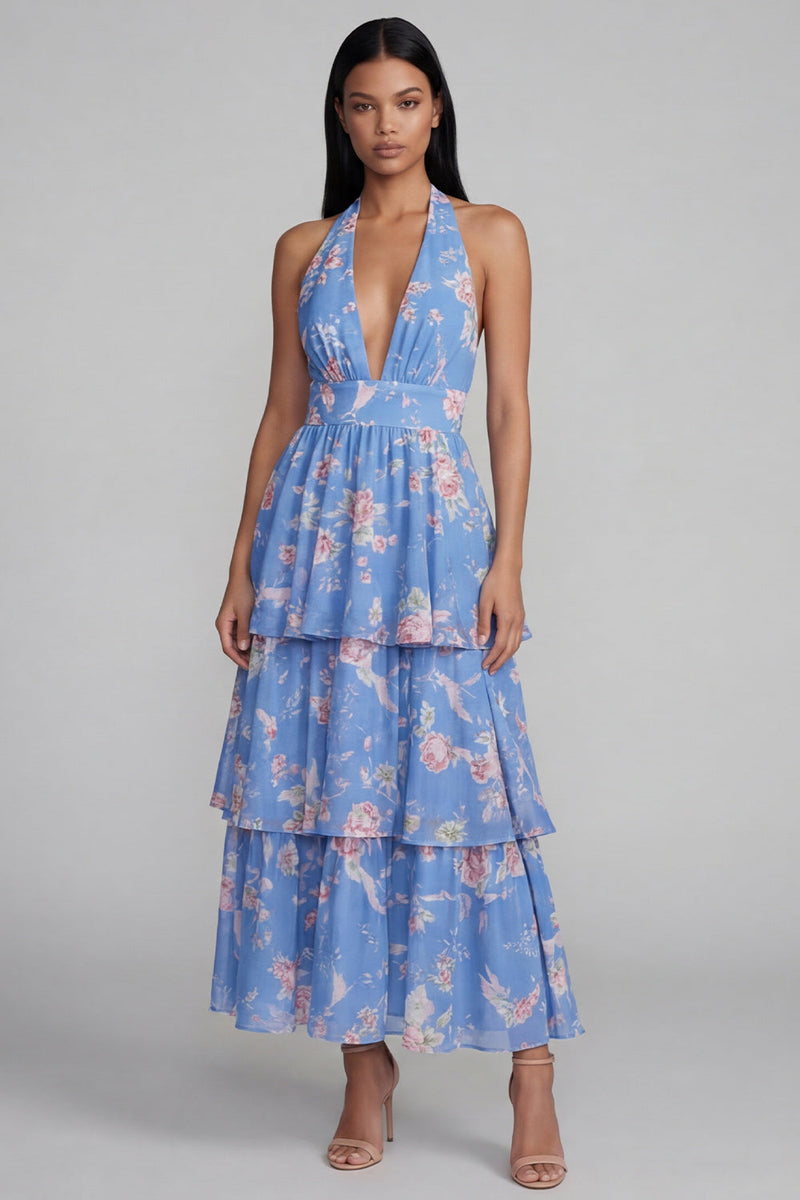 Load image into Gallery viewer, Blue Ruffled Halter Floral A Line Maxi Formal Dress with Bow
