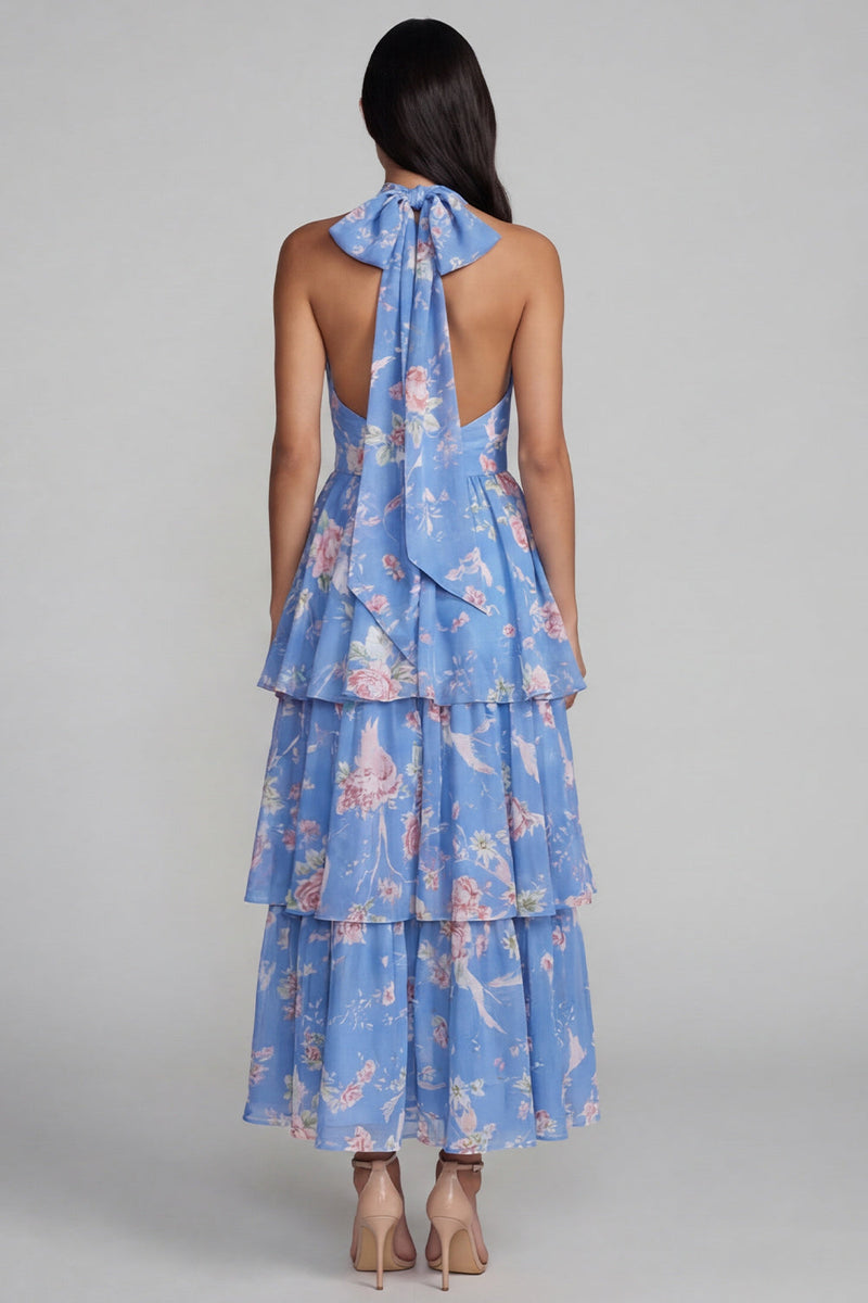 Load image into Gallery viewer, Blue Ruffled Halter Floral A Line Maxi Formal Dress with Bow