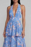 Load image into Gallery viewer, Blue Ruffled Halter Floral A Line Maxi Formal Dress with Bow