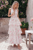 Load image into Gallery viewer, Blue Ruffled Halter Floral A Line Maxi Formal Dress with Bow