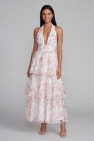 Load image into Gallery viewer, Blue Ruffled Halter Floral A Line Maxi Formal Dress with Bow