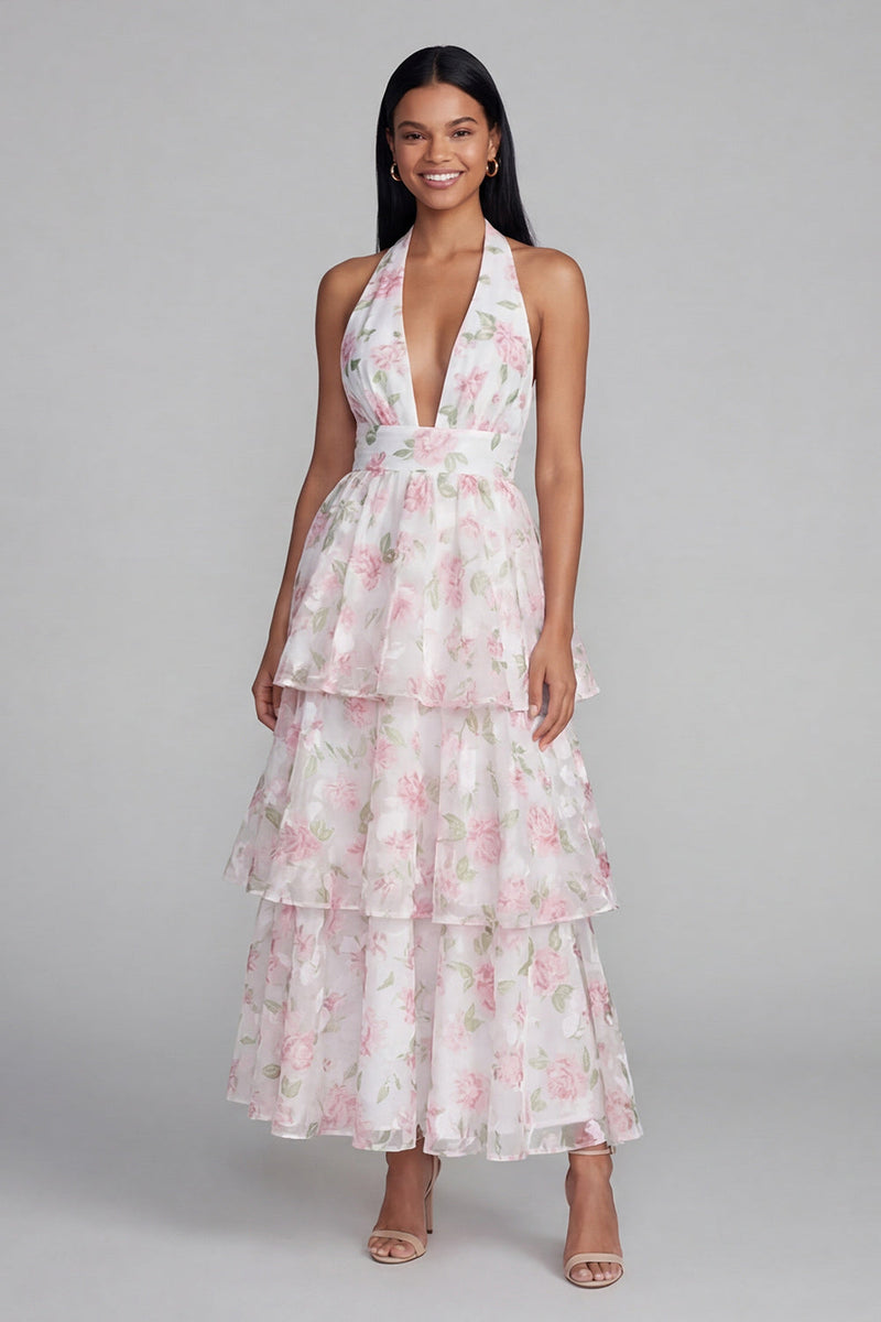 Load image into Gallery viewer, Blue Ruffled Halter Floral A Line Maxi Formal Dress with Bow