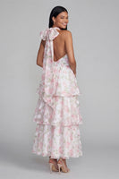 Load image into Gallery viewer, Blue Ruffled Halter Floral A Line Maxi Formal Dress with Bow