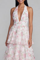 Load image into Gallery viewer, Blue Ruffled Halter Floral A Line Maxi Formal Dress with Bow