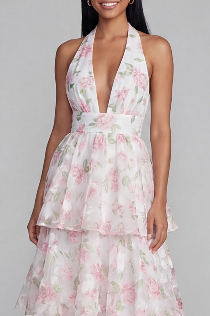 Load image into Gallery viewer, Blue Ruffled Halter Floral A Line Maxi Formal Dress with Bow